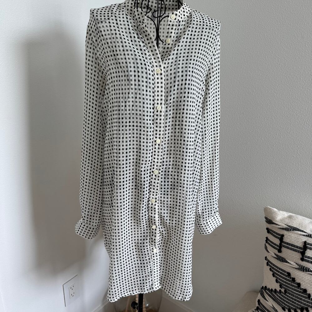 Likely White Sheer Square Print Button Up Long Sleeve Cover Up Tunic Top